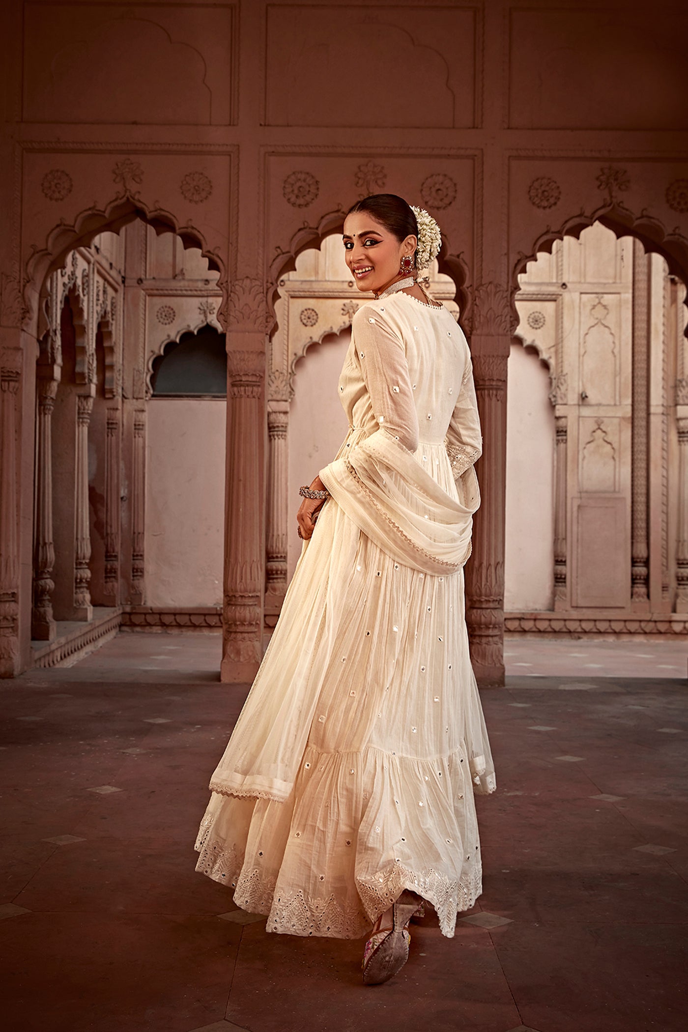 Preevin Blush Pink Temple Angrakha indian designer wear online shopping melange singapore