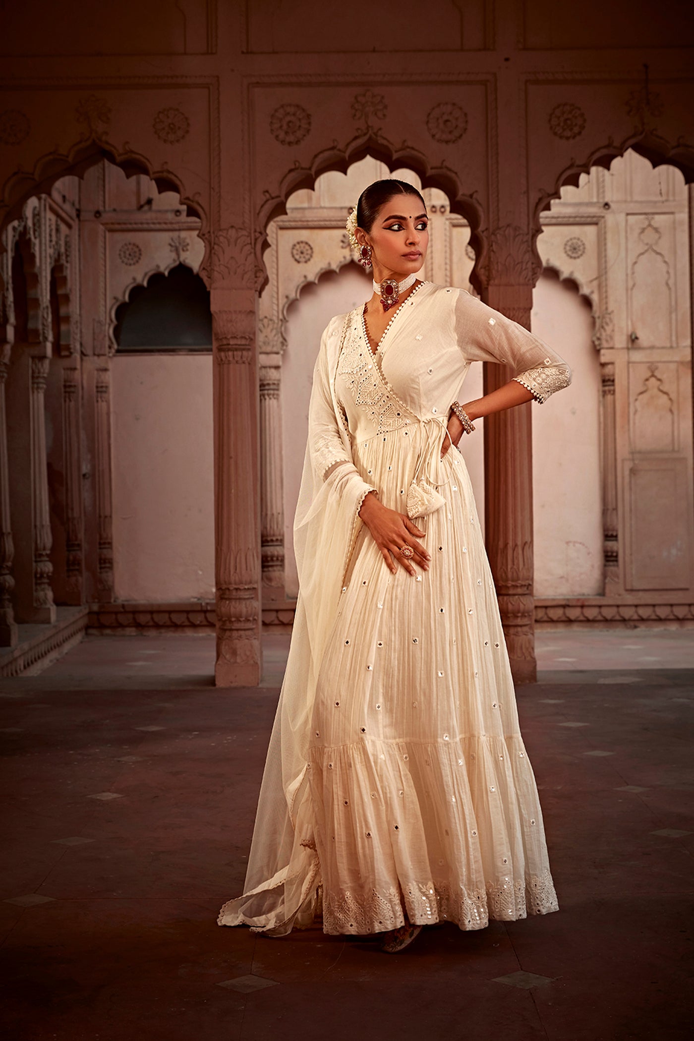 Preevin Blush Pink Temple Angrakha indian designer wear online shopping melange singapore