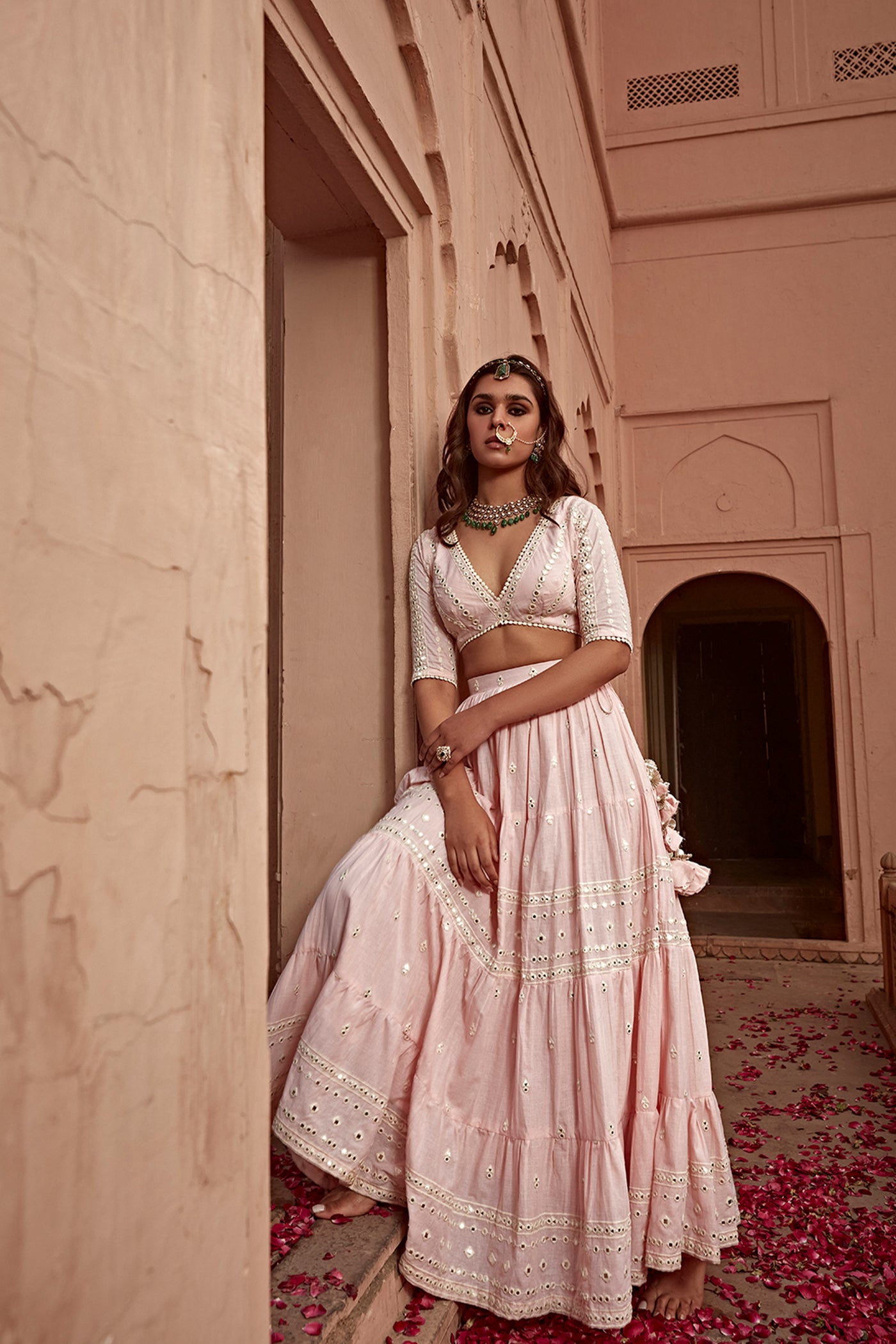 Preevin Blush Pink Triangle Lehenga with Embroidered Dupatta indian designer wear online shopping melange singapore