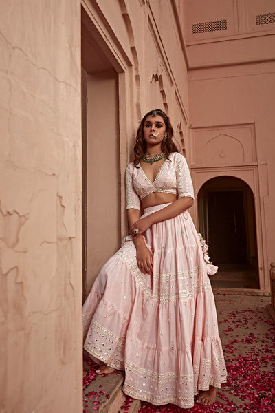 Preevin Blush Pink Triangle Lehenga with Embroidered Dupatta indian designer wear online shopping melange singapore