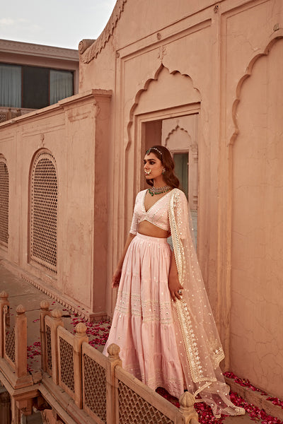 Preevin Blush Pink Triangle Lehenga with Embroidered Dupatta indian designer wear online shopping melange singapore