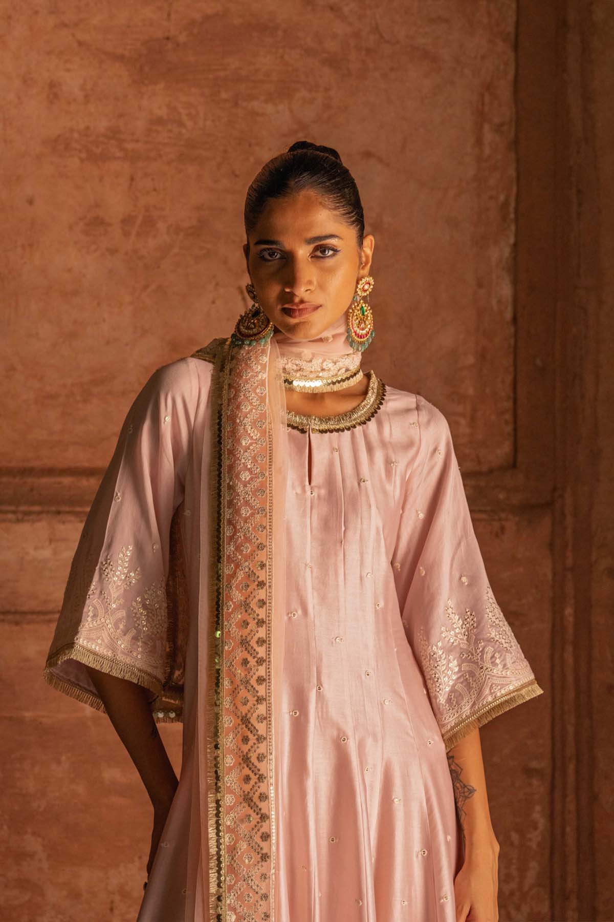 Preevin Forest Onion Pink Anarkali With Pants indian designer wear online shopping melange singapore 