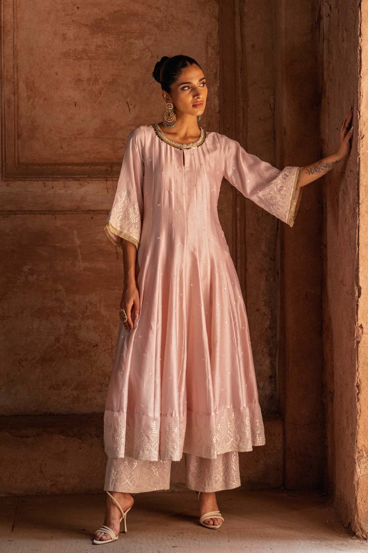 Preevin Forest Onion Pink Anarkali With Pants indian designer wear online shopping melange singapore 