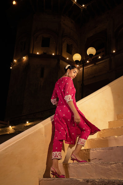 Preevin Fuchsia Circle Kurta with Pants indian designer wear online shopping melange singapore