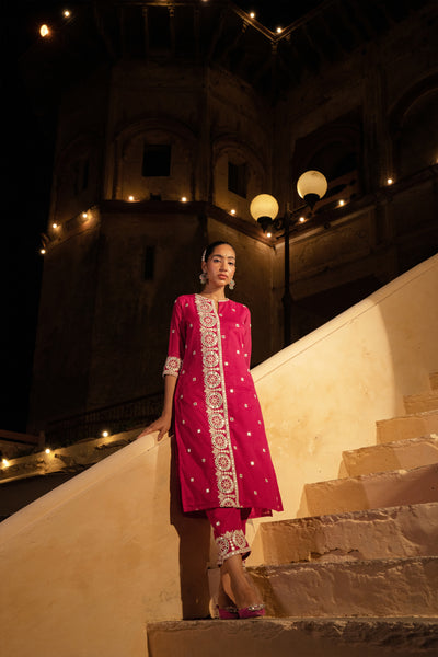 Preevin Fuchsia Circle Kurta with Pants indian designer wear online shopping melange singapore