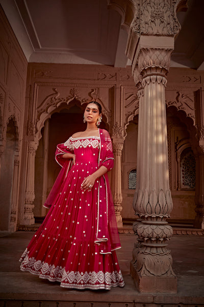 Preevin Fuchsia Diamond Off Shoulder Angrakha indian designer wear online shopping melange singapore