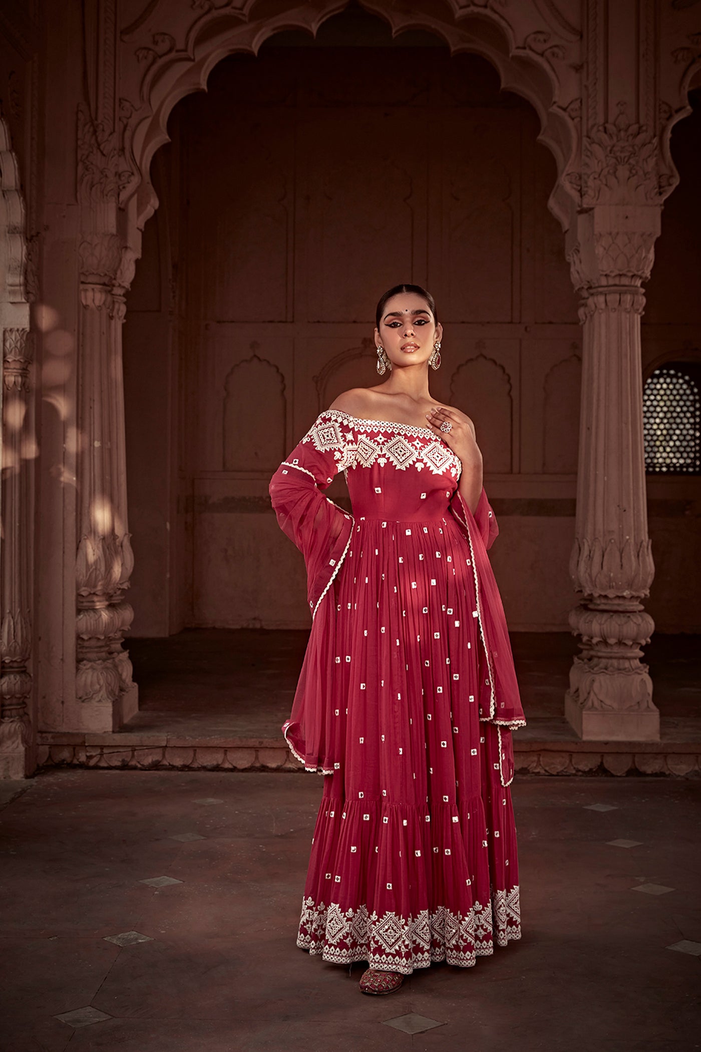 Preevin Fuchsia Diamond Off Shoulder Angrakha indian designer wear online shopping melange singapore