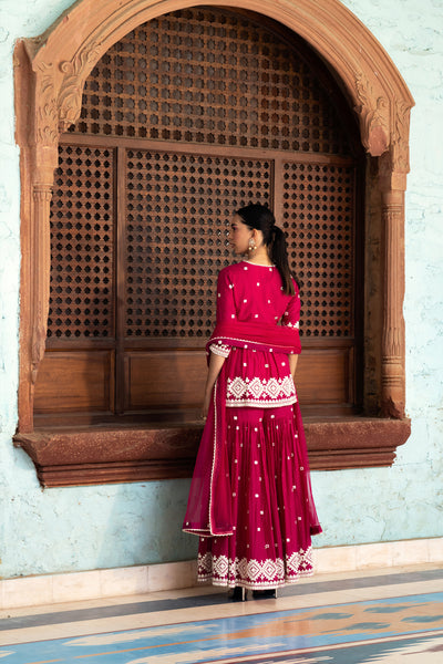 Preevin Fuchsia Diamond Peplum Sharara indian designer wear online shopping melange singapore