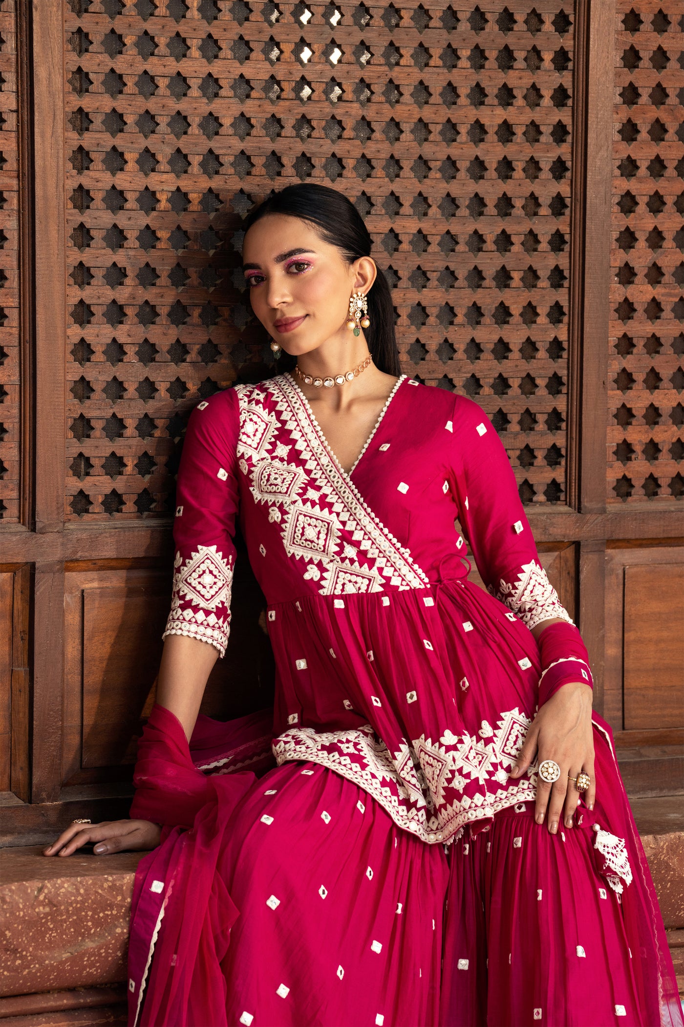 Preevin Fuchsia Diamond Peplum Sharara indian designer wear online shopping melange singapore