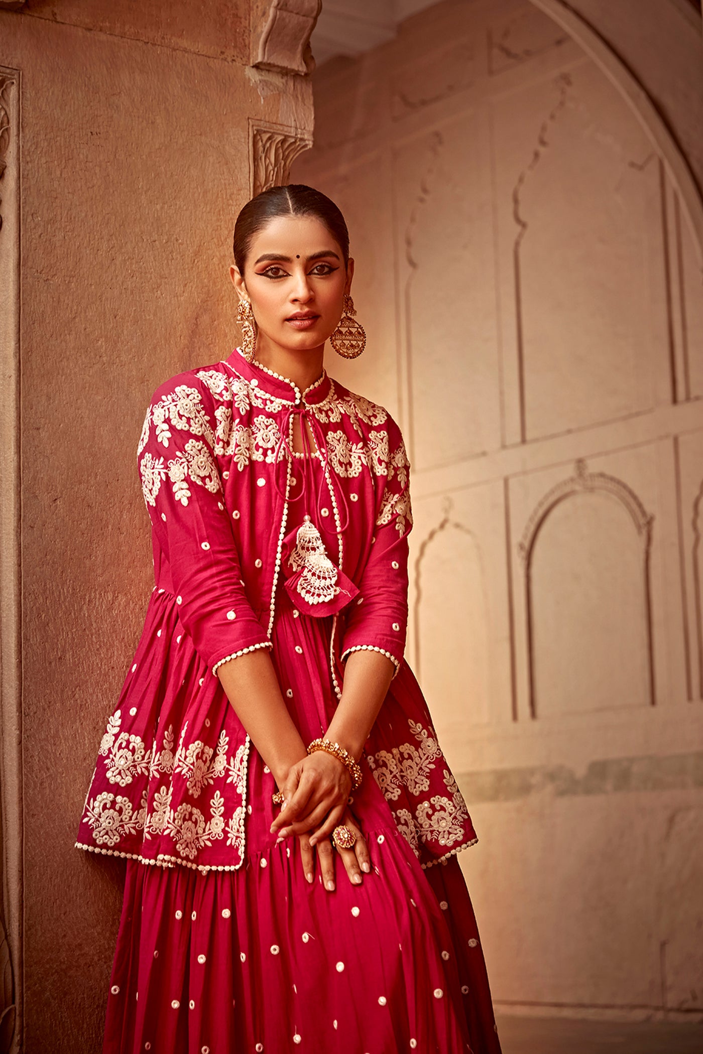 Preevin Fuchsia Flower Jacket With Anarkali indian designer wear online shopping melange singapore