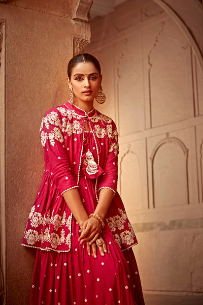 Preevin Fuchsia Flower Jacket With Anarkali indian designer wear online shopping melange singapore