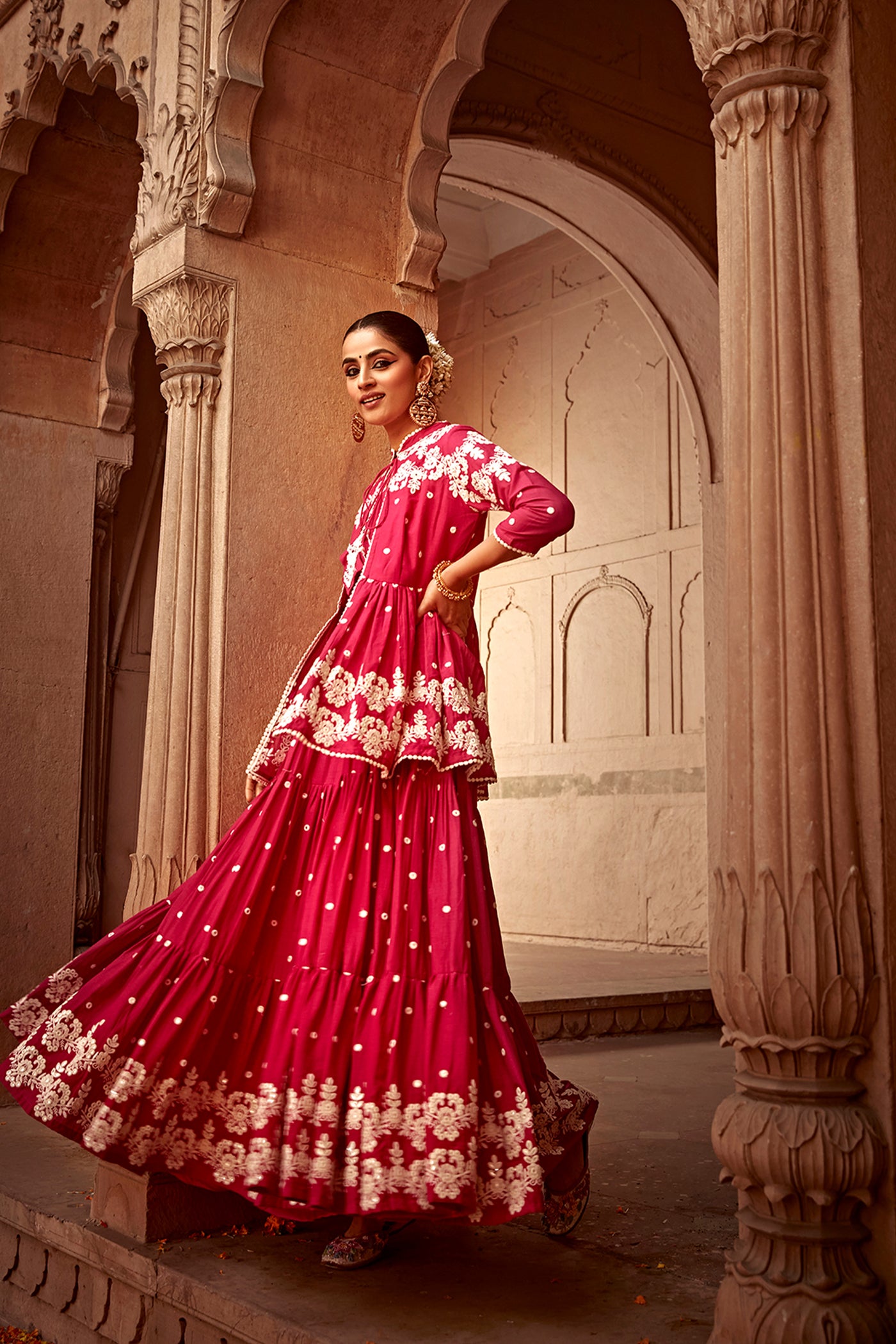 Preevin Fuchsia Flower Jacket With Anarkali indian designer wear online shopping melange singapore