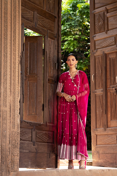 Preevin Fuchsia Leaf Angrakha indian designer wear online shopping melange singapore