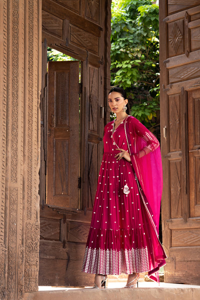 Preevin Fuchsia Leaf Angrakha indian designer wear online shopping melange singapore