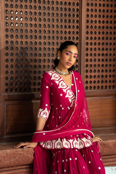 Preevin Fuchsia Temple Peplum Sharara indian designer wear online shopping melange singapore