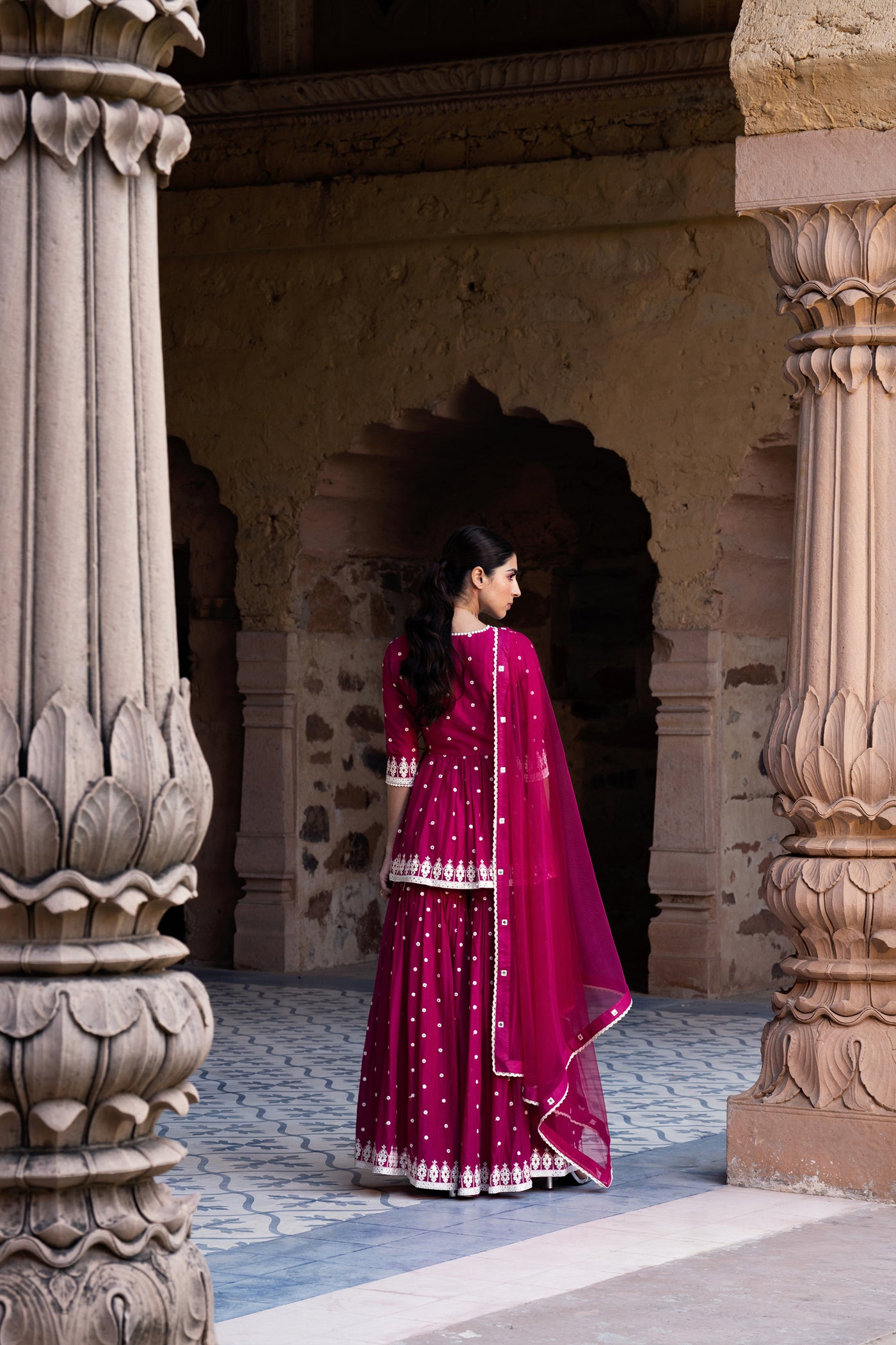 Preevin Fuchsia Triangle Peplum Sharara indian designer wear online shopping melange singapore