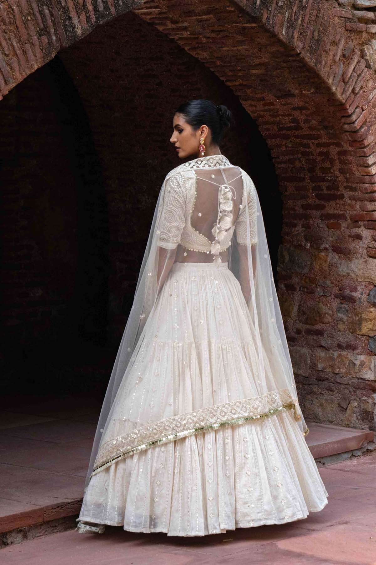 Preevin Gold Circle And Off White Line Lehenga With Embroidered Dupatta indian designer wear online shopping melange singapore 