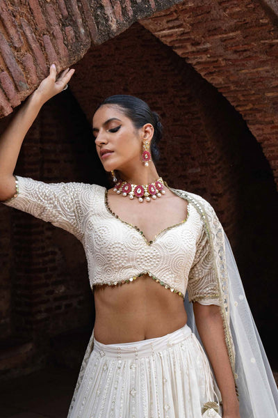 Preevin Gold Circle And Off White Line Lehenga With Embroidered Dupatta indian designer wear online shopping melange singapore 