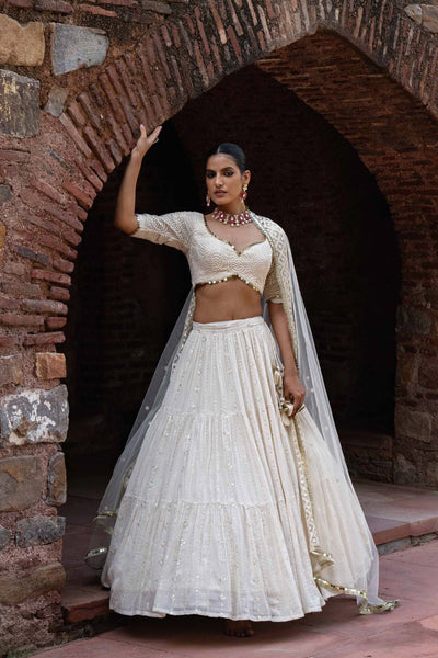 Preevin Gold Circle And Off White Line Lehenga With Embroidered Dupatta indian designer wear online shopping melange singapore 