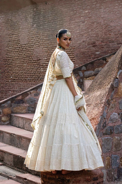 Preevin Gold And Off White Big Border Lehenga With Embroidered Dupatta indian designer wear online shopping melange singapore 