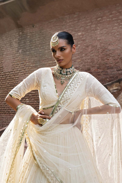 Preevin Gold And Off White Big Border Lehenga With Embroidered Dupatta indian designer wear online shopping melange singapore 