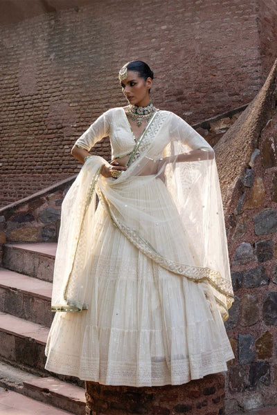 Preevin Gold And Off White Big Border Lehenga With Embroidered Dupatta indian designer wear online shopping melange singapore 