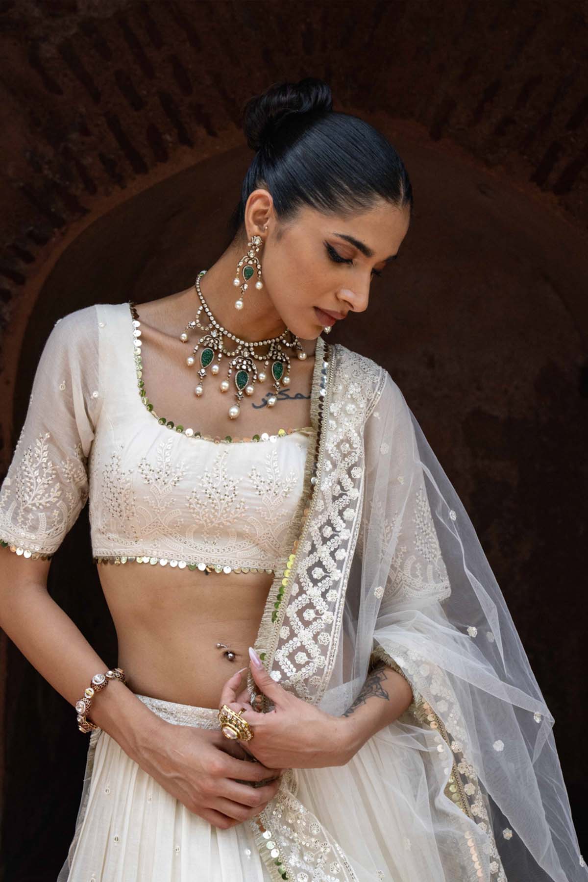 Preevin Gold And Off White Forest Lehenga With Embroidered Dupatta indian designer wear online shopping melange singapore 