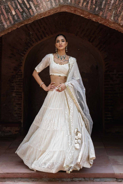 Preevin Gold And Off White Forest Lehenga With Embroidered Dupatta indian designer wear online shopping melange singapore 