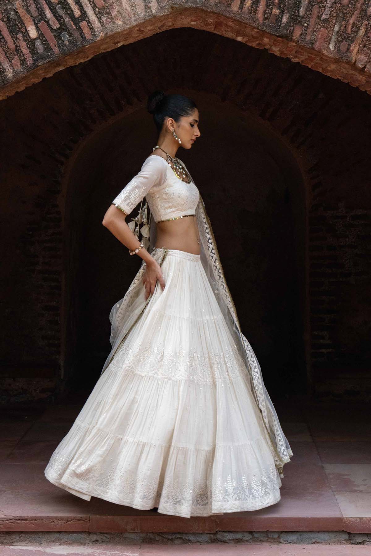 Preevin Gold And Off White Forest Lehenga With Embroidered Dupatta indian designer wear online shopping melange singapore 