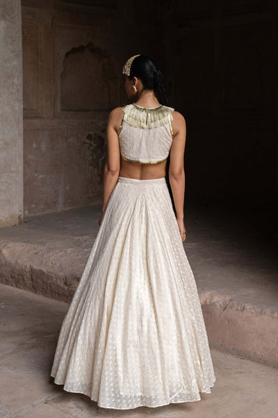Preevin Gold And Off White Fringe Lehenga With Embroidered Dupatta indian designer wear online shopping melange singapore 