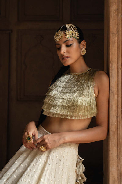 Preevin Gold And Off White Fringe Lehenga With Embroidered Dupatta indian designer wear online shopping melange singapore 