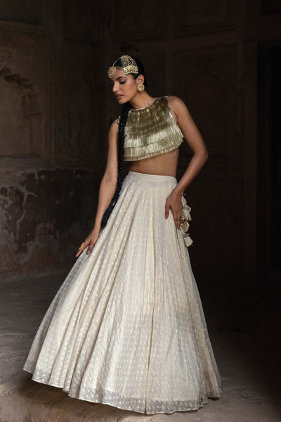 Preevin Gold And Off White Fringe Lehenga With Embroidered Dupatta indian designer wear online shopping melange singapore 