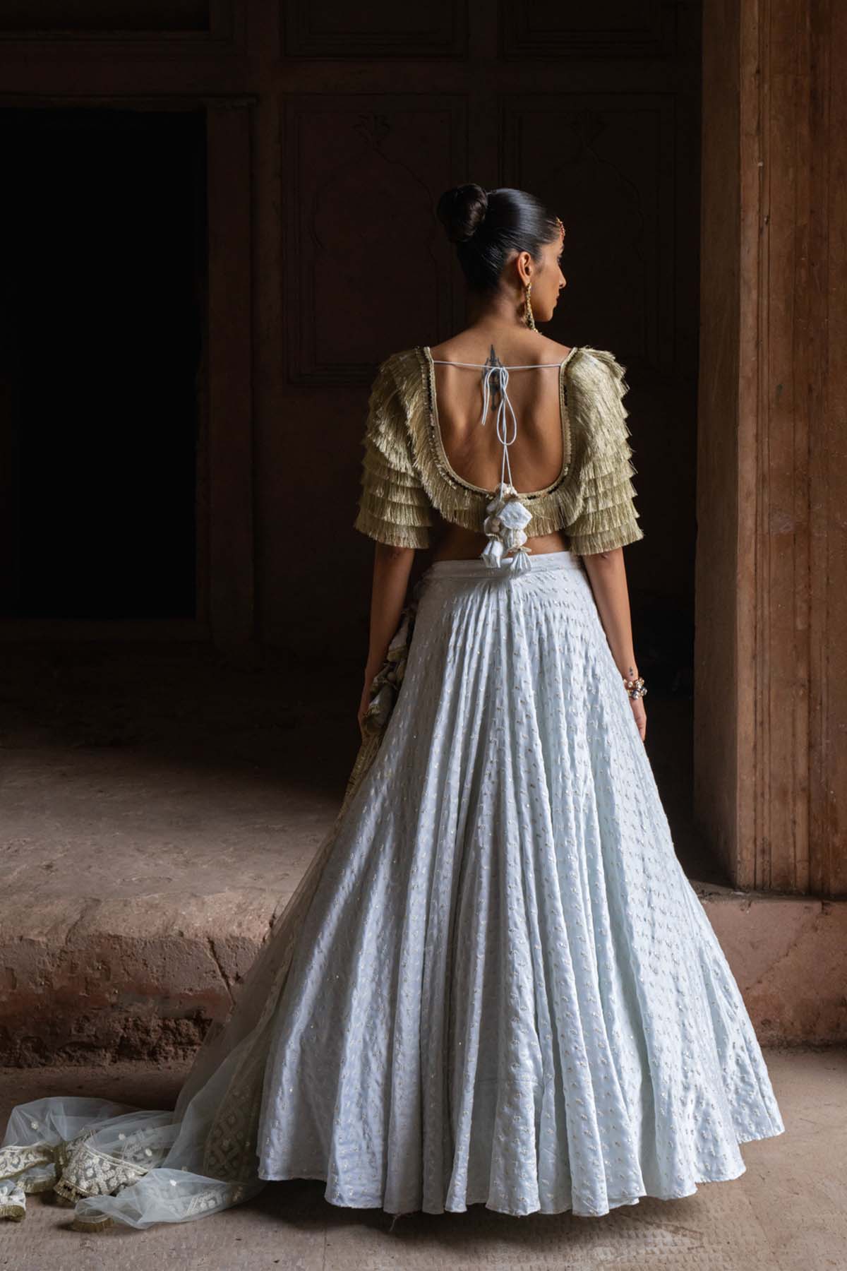 Preevin Golden Fringe Ice Blue Lehenga With Embroidered Dupatta indian designer wear online shopping melange singapore 