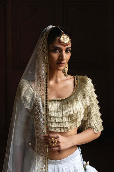 Preevin Golden Fringe Ice Blue Lehenga With Embroidered Dupatta indian designer wear online shopping melange singapore 