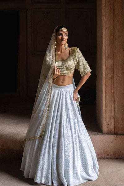 Preevin Golden Fringe Ice Blue Lehenga With Embroidered Dupatta indian designer wear online shopping melange singapore 