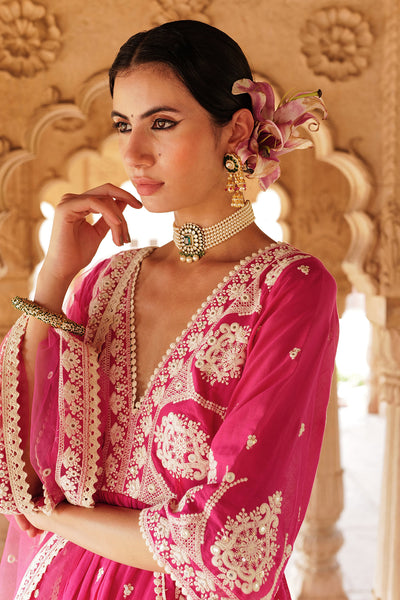 Preevin Hot Pink All Over Embroidered Tower Peplum Sharara With Dupatta indian designer wear online shopping melange singapore