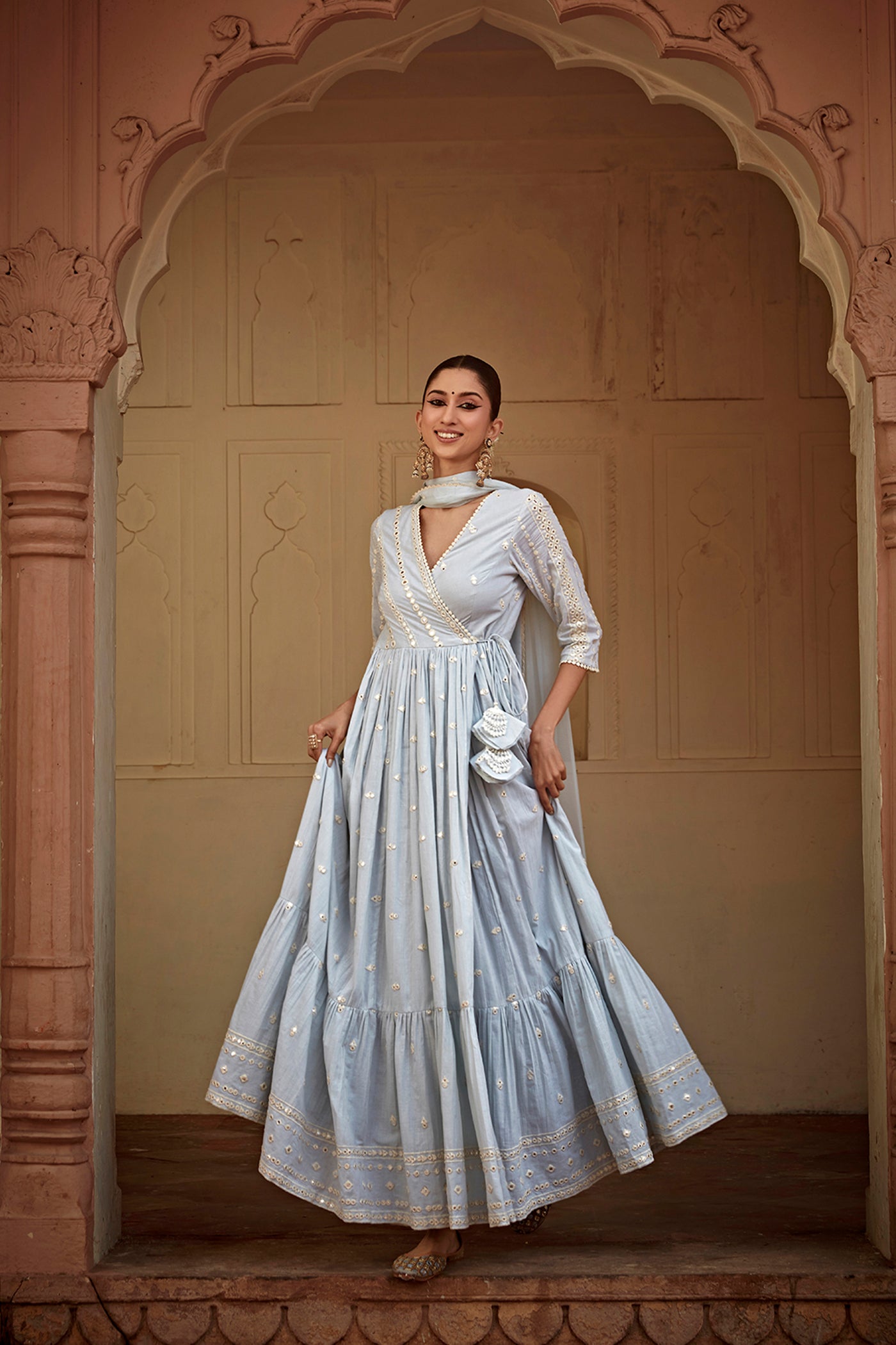 Preevin Ice Blue All Three Angrakha indian designer wear online shopping melange singapore
