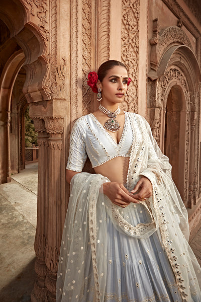 Preevin Ice Blue All Three Lehenga With Embroidered Dupatta indian designer wear online shopping melange singapore