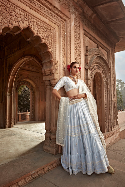 Preevin Ice Blue All Three Lehenga With Embroidered Dupatta indian designer wear online shopping melange singapore