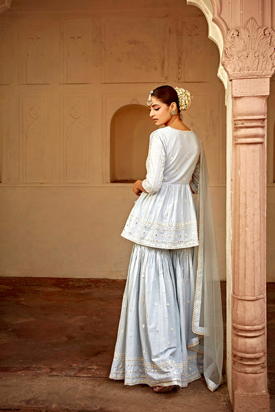 Preevin Ice Blue All Three Peplum Sharara indian designer wear online shopping melange singapore