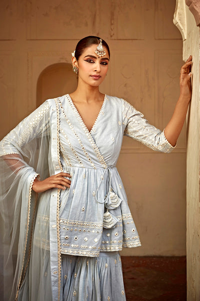 Preevin Ice Blue All Three Peplum Sharara indian designer wear online shopping melange singapore