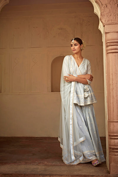 Preevin Ice Blue All Three Peplum Sharara indian designer wear online shopping melange singapore