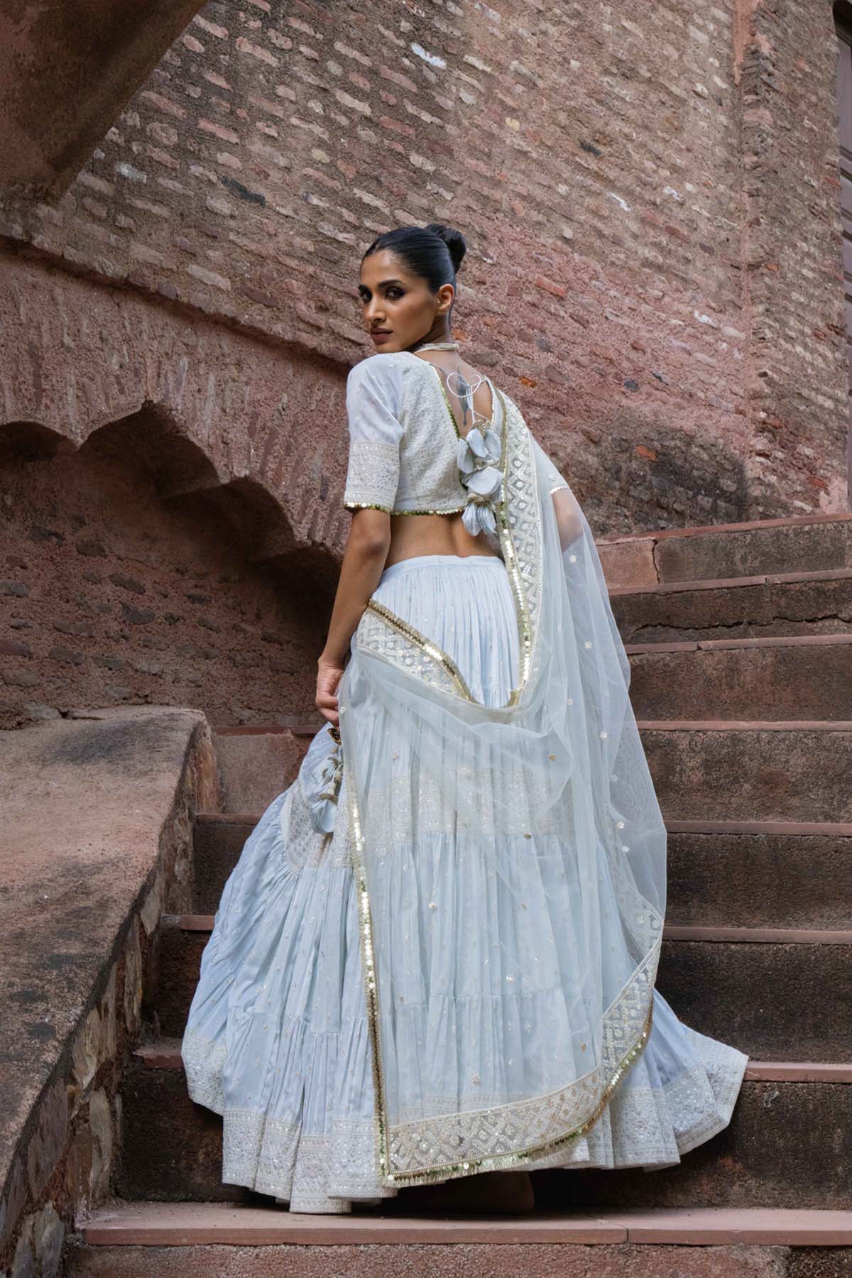 Preevin Ice Blue Big Border Lehenga With Embroidered Dupatta indian designer wear online shopping melange singapore