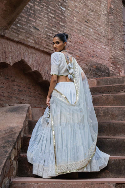Preevin Ice Blue Big Border Lehenga With Embroidered Dupatta indian designer wear online shopping melange singapore