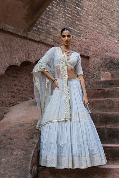 Preevin Ice Blue Big Border Lehenga With Embroidered Dupatta indian designer wear online shopping melange singapore