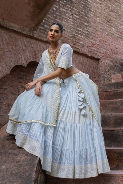 Preevin Ice Blue Big Border Lehenga With Embroidered Dupatta indian designer wear online shopping melange singapore