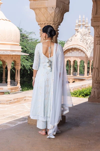 Preevin Ice Blue Big Flower Anarkali With Dupatta indian designer wear online shopping melange singapore