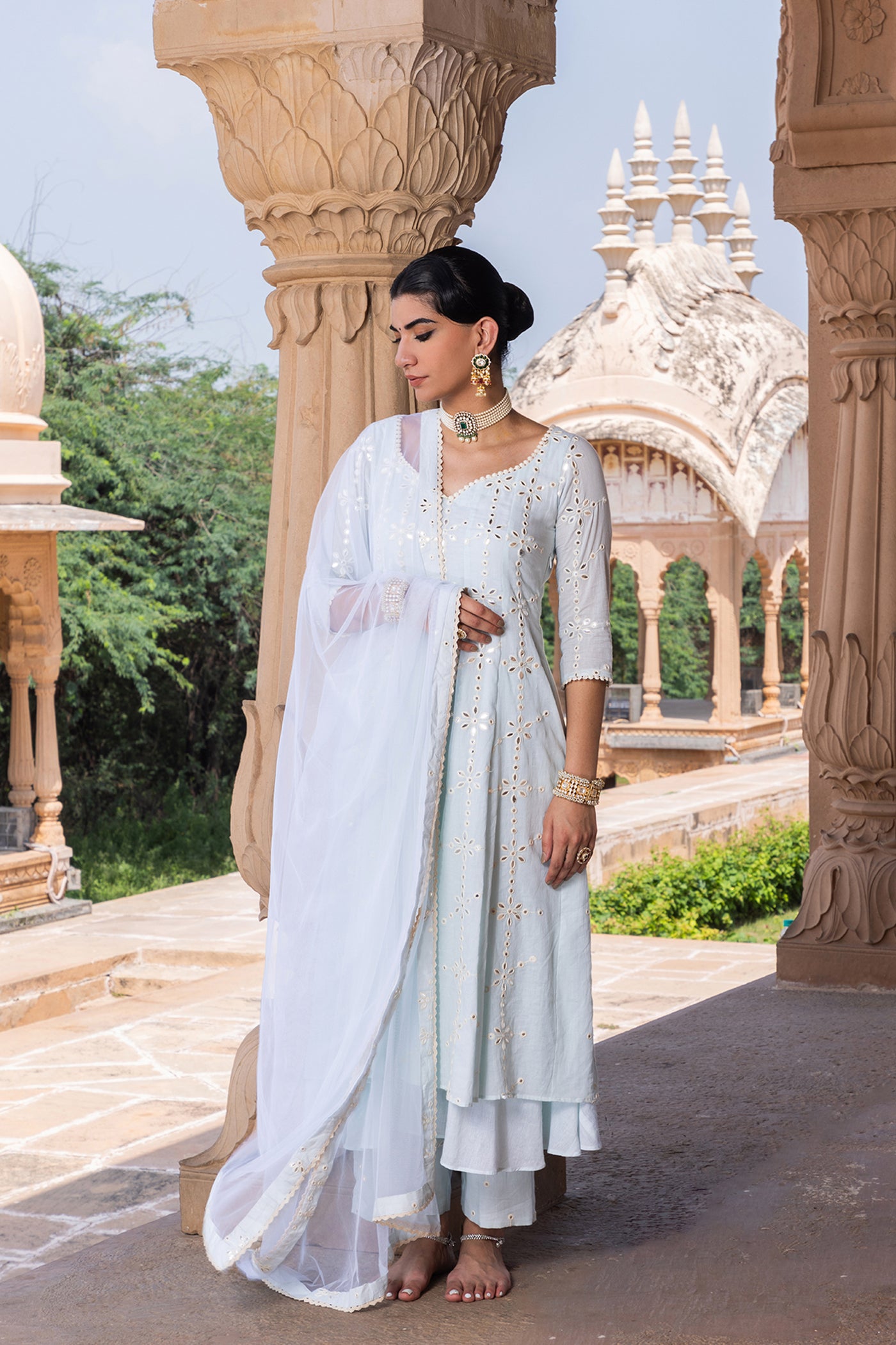 Preevin Ice Blue Big Flower Anarkali With Dupatta indian designer wear online shopping melange singapore
