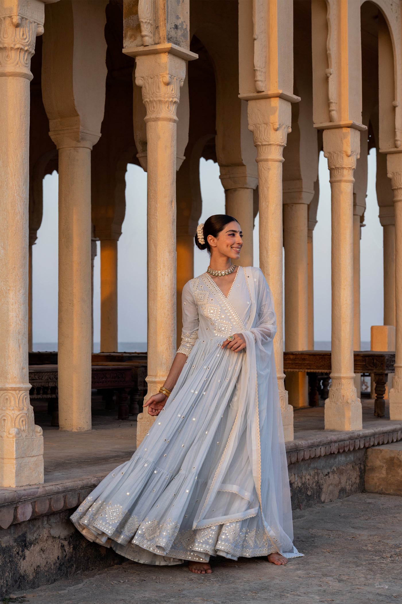 Preevin Ice Blue Diamond Angrakha indian designer wear online shopping melange singapore