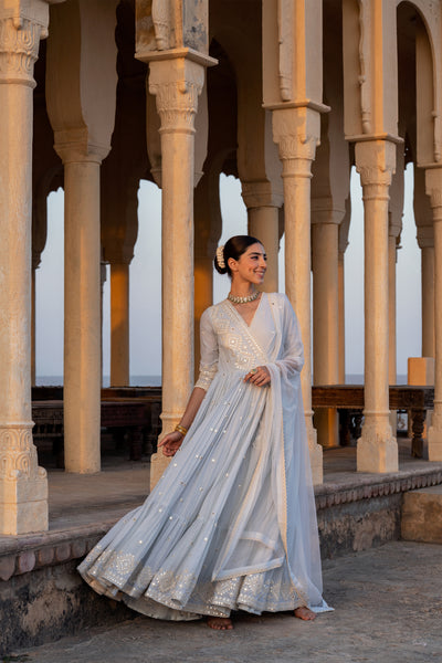 Preevin Ice Blue Diamond Angrakha indian designer wear online shopping melange singapore